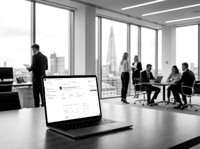 Boardroom overlooking the London skyline, laptop showing an insurance dashboard